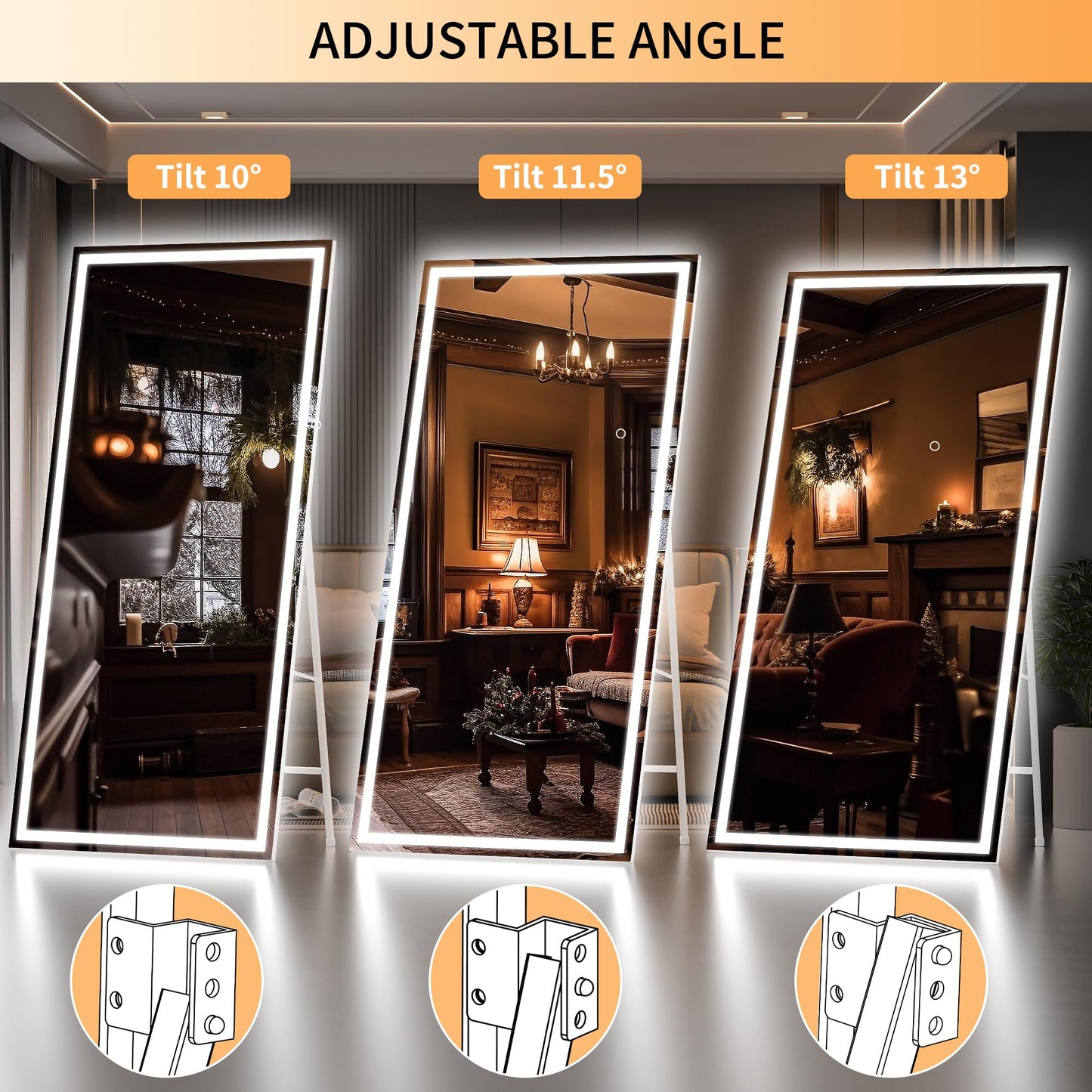 Hasipu Full Length Mirror with Lights, 71" x 32" LED Lighted Floor Standing, Full Body Dressing Hanging Mounted Mirror, Tempered Glass, Square White