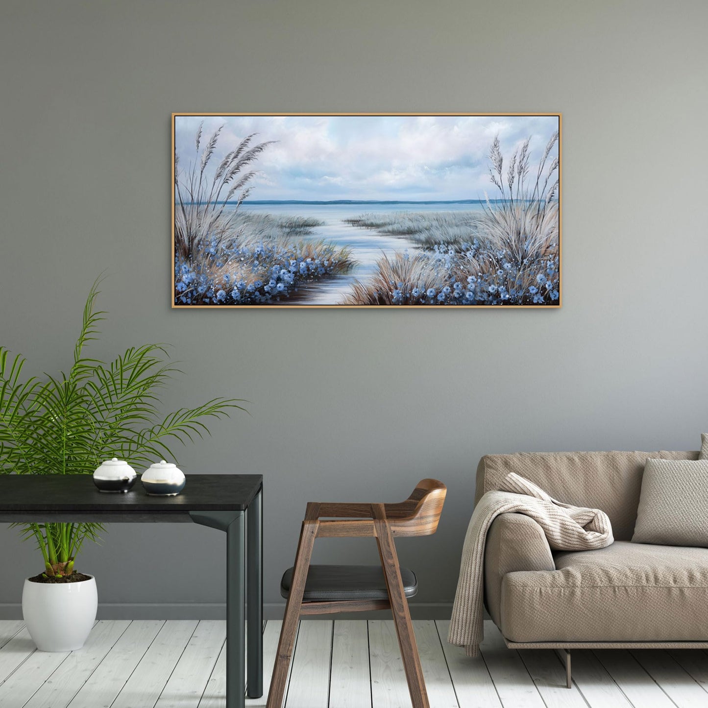 KLAKLA Beach Wall Art - Blue Large Canvas Art Living Room Wall Decor Sea Wave Picture Artwork Modern Bedroom Office Home Decor - 48x24 Inches