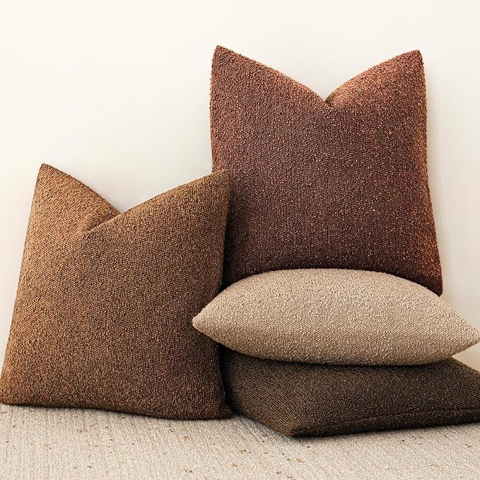 Foindtower Decorative Textured Boucle Throw Pillow Covers Accent Solid Pillow Cases Neutral Soft Cozy Couch Cushion Case for Chair Sofa Bedroom Living Room Home Decor 24x24 Inch,1PC,Red Taupe