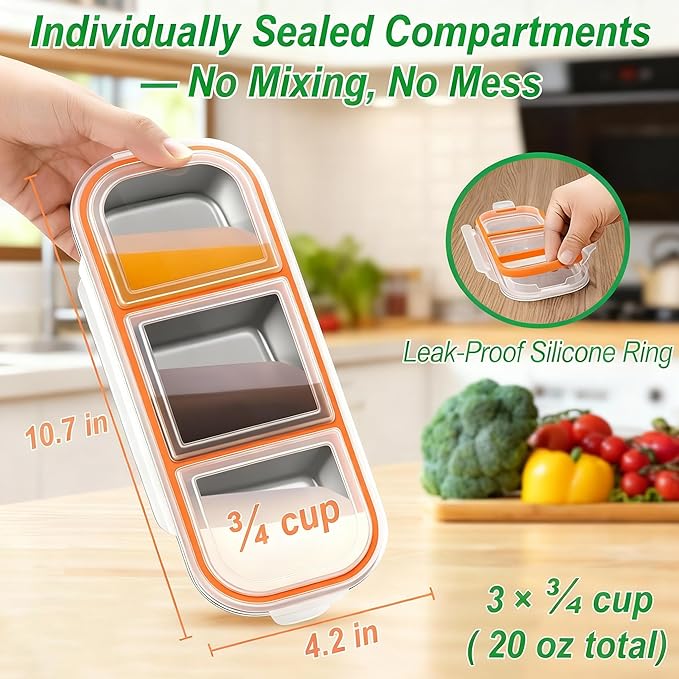 Dobyusf 2 Pack Stainless Steel Snack Containers - 3 Compartment Leak Proof Bento Box with 7oz Capacity, BPA-Free Reusable Food/Sauce Containers Containers for Office, Travel, On-the-Go Meals