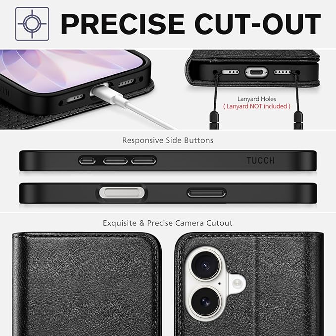TUCCH Case Wallet for iPhone 17 (6.3") 2025, RFID Blocking, 3 Card Holders, Kickstand, PU Leather, Protective Flip Folio Cover, TPU Shockproof Interior Shell, Textured Black