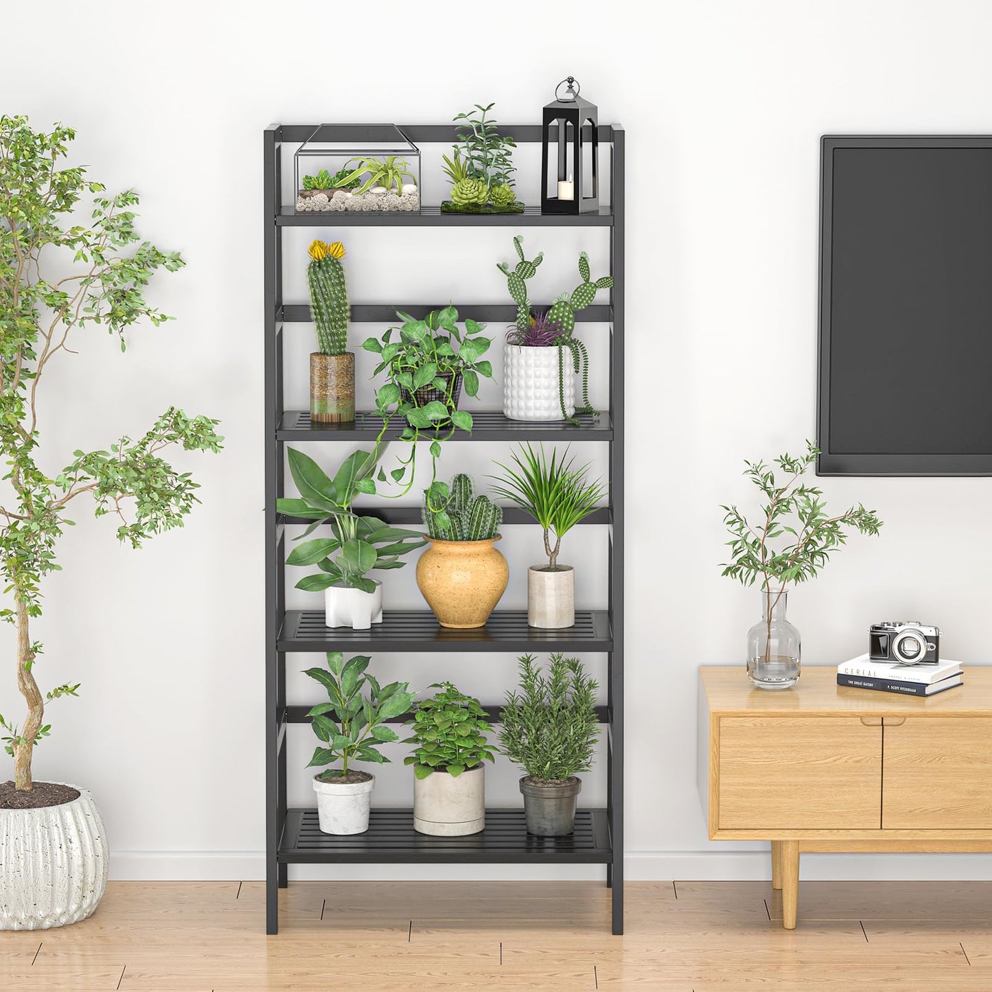 Homykic Bamboo Bookshelf 4-Tier Ladder Shelf, 49.2” Freestanding Open Bookcase Book Shelf Bathroom Storage Shelf Unit Plant Stand for Small Space, Living Room, Bedroom, Home Office, Black