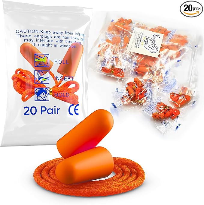 20 Pair Foam Ear Plugs with Cord - Soft & Comfortable Ear Protection - Disposable Ear Plugs Individually Wrapped with Noise Cancelling up to 32dB - Ideal for Sleeping Construction Shooting Sports