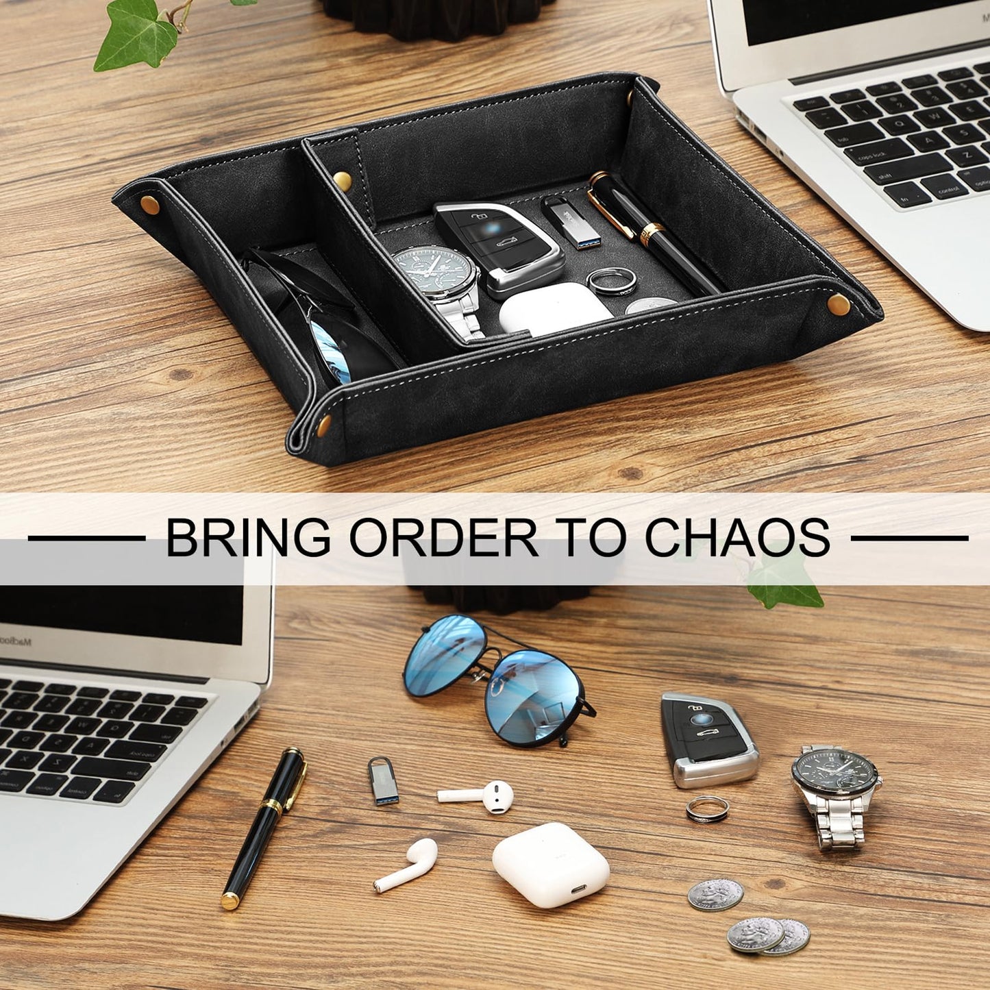 SITHON Valet Tray Desktop Storage Organizer, Removable 2 Compartments Catchall Tray Bedside Vanity Nightstand Caddy Holder Desk Storage Plate, Graduation, Black