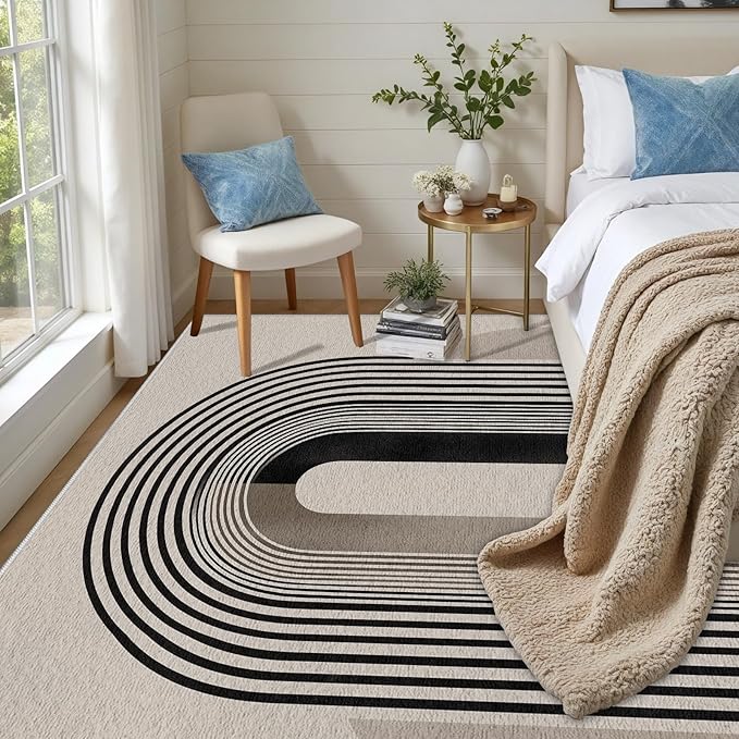 Modern Washable Rug for Living Room 2x3, Boho Abstract Striped Area Rugs, Soft Non Slip Low Pile Farmhouse Carpet for Bedroom Dining Room Kitchen, Stain Resistant, Pet Friendly, Beige Black