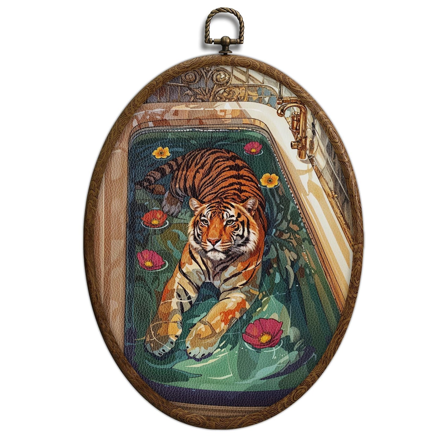 Tiger in Bathtub Oval Framed Wall Art, Eclectic Tiger Wall Art, Waterproof maximalist Bathroom Decor, Retro Trendy Aesthetic maximalist Eclectic Bathroom Decor for Bedroom Living Room Home, 21