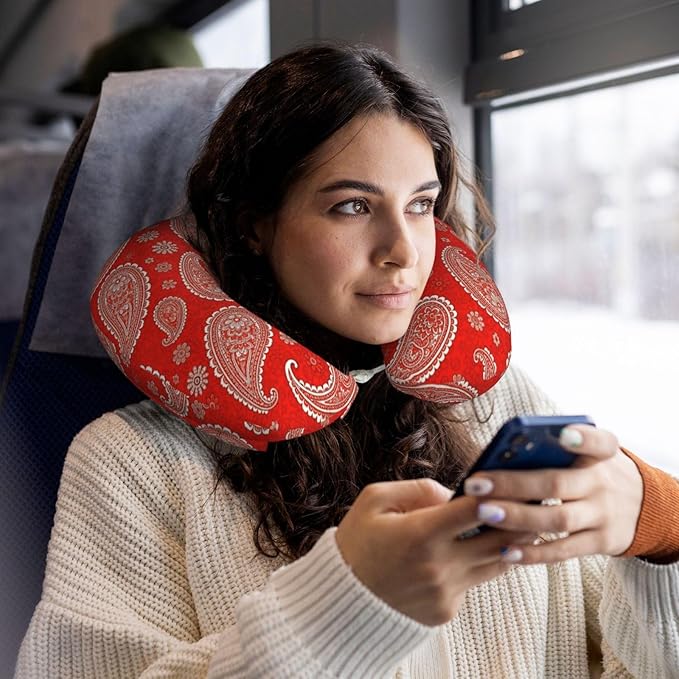 Comfortable Memory Foam Travel Neck Pillow, Funny Chin/Head Cushion Supporting Airplane Car Pillows Paisley Bandana Red for Sleeping Outdoors Travel Office