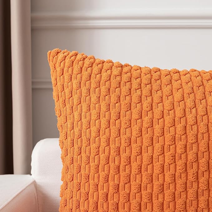 Kevin Textile Fall Pack of 2 Corduroy Decorative Throw Pillow Covers 16x16 Inch Soft Boho Striped Pillow Covers Modern Farmhouse Home Decor for Spring Sofa Living Room Couch Bed Orange