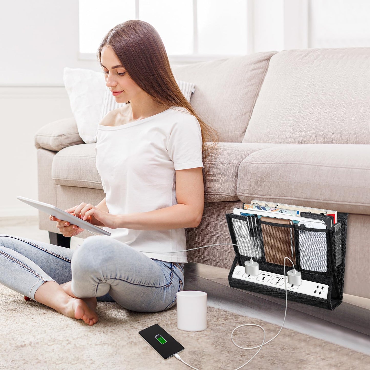AKAYOK Bedside Caddy Hanging Bed Organizer Storage Bag Pocket with Power Strip Holder Multi-functional Organizer Caddy for Remotes Phone Glasses Magazines, Tablets, Accessories (7 pocket)