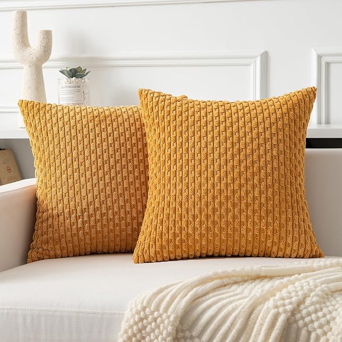 Kevin Textile Throw Pillow Covers Soft Corduroy Decorative Set of 2 Boho Striped Pillow Covers Pillowcases Farmhouse Home Decor for Couch Bed Sofa Living Room 22x22 Inch Golden Yellow