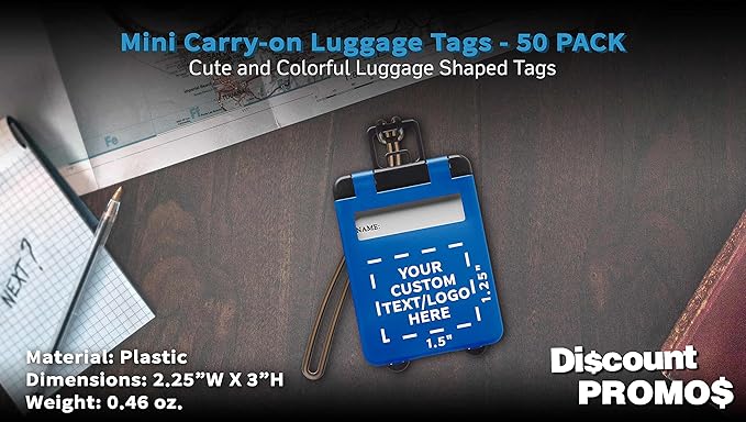 50 Mini Carry-on Luggage Tags Pack - Customizable Text, Logo - Flip Open Cover, ID Sticker - Blue