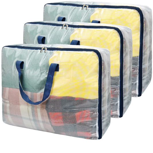 Ineetatu Clear Storage Bags with Zipper, 75L Extra Large Capacity - Closet, Underbed Storage Organizer for Clothes, Bedding, Comforter, Toys, Pillow & Blanket, 3 Pack