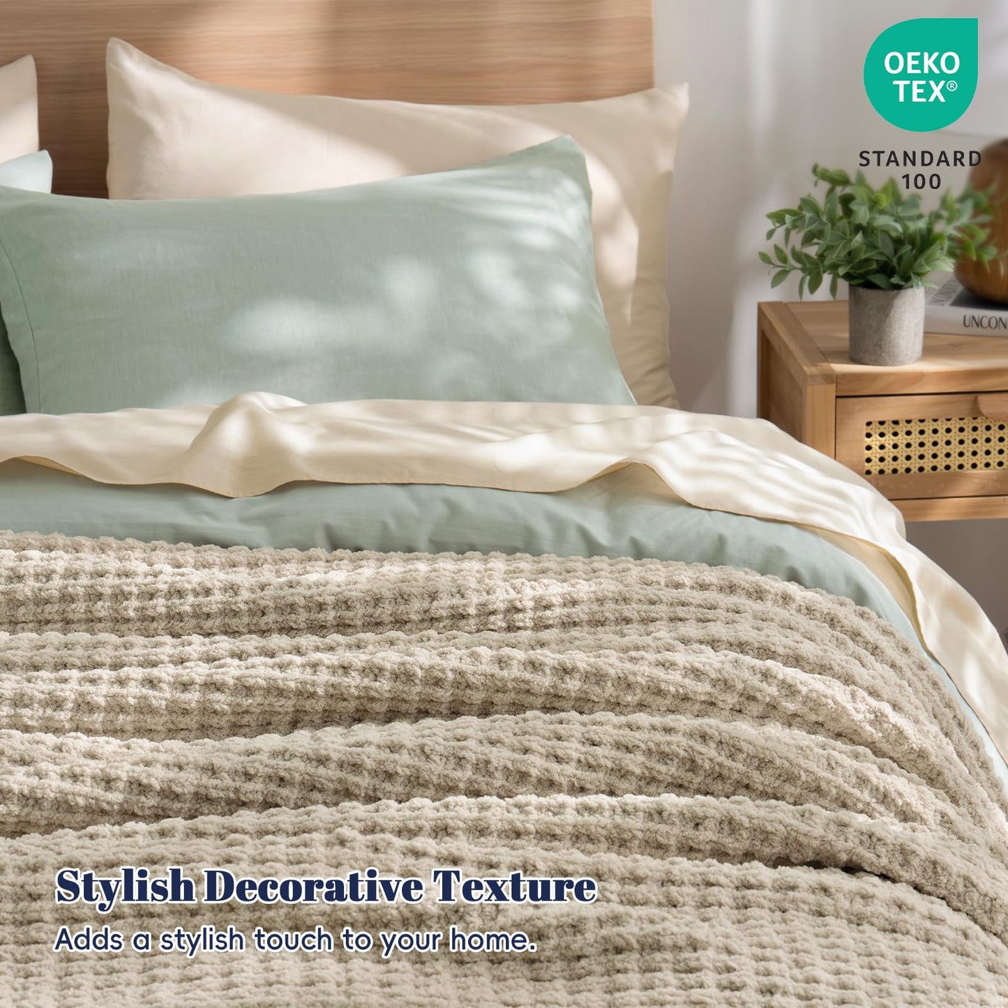 PHF Chenille Waffle Knit Blanket Twin Size- Plush Warm & Cozy 60" x 80" Ultra Soft Blanket- Chunky Fluffy Waffle Bedding for Home Decor - Natural