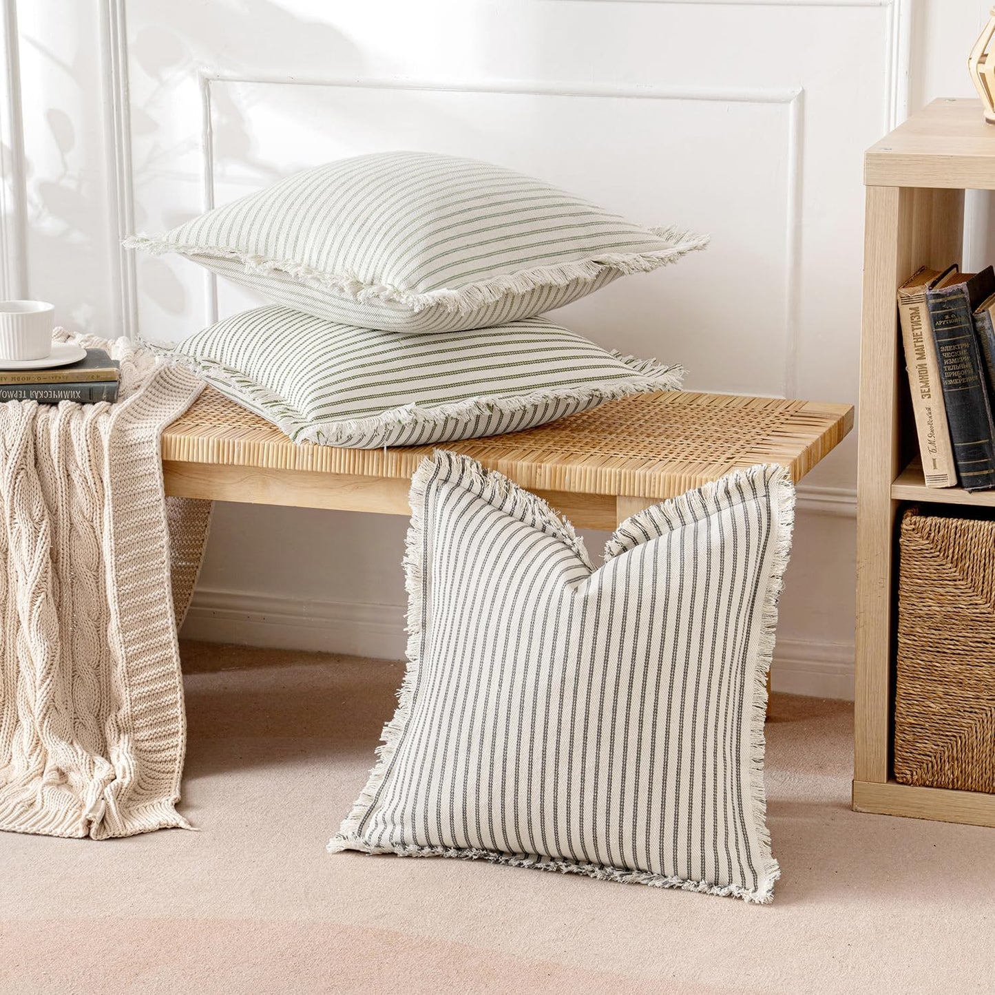 MIULEE Pack of 2 Olive Green Christmas Pillow Covers 20x20 Inch Striped Farmhouse Couch Spring Throw Pillow Covers with Fringe Chic Linen Decorative Cushion Covers for Sofa Living Room Bed Home Decor