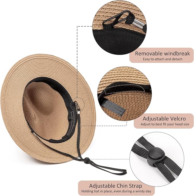 DRESHOW Women Straw Panama Hat Travel Fedora Beach Sun Hat Summer Wide Brim Straw Roll up Hat UPF 50+