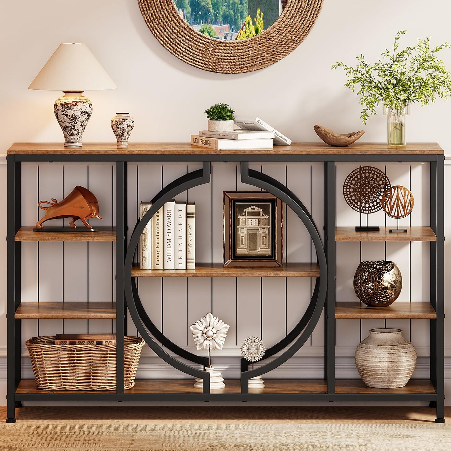 GiftGo 47" Industrial Console Tables for Entryway Rustic Sofa Table Behind Couch 4 Tier Wooden Shelves Entry Table with Storage for Foyer, Hallway, Front Door,Living Room (Rustic Brown, 47")