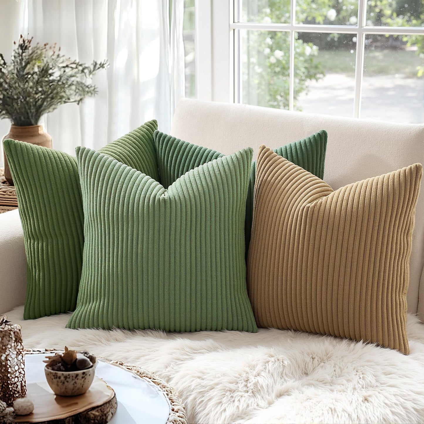 MIULEE Decorative Corduroy Pillow Covers Soft Solid Pack of 2 Cushion Cases Boho Square Throw Pillow Covers Moss Green Pillowcases for Couch Chair Sofa Bed Living Room Home Decor 18 x 18 Inch