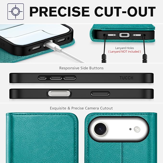 TUCCH Case Wallet for iPhone Air (6.5-Inch) 2025, 3 Card Slots | Kickstand | RFID Blocking | PU Leather | Protective Flip Folio Cover | TPU Shockproof Interior Shell | Cyan