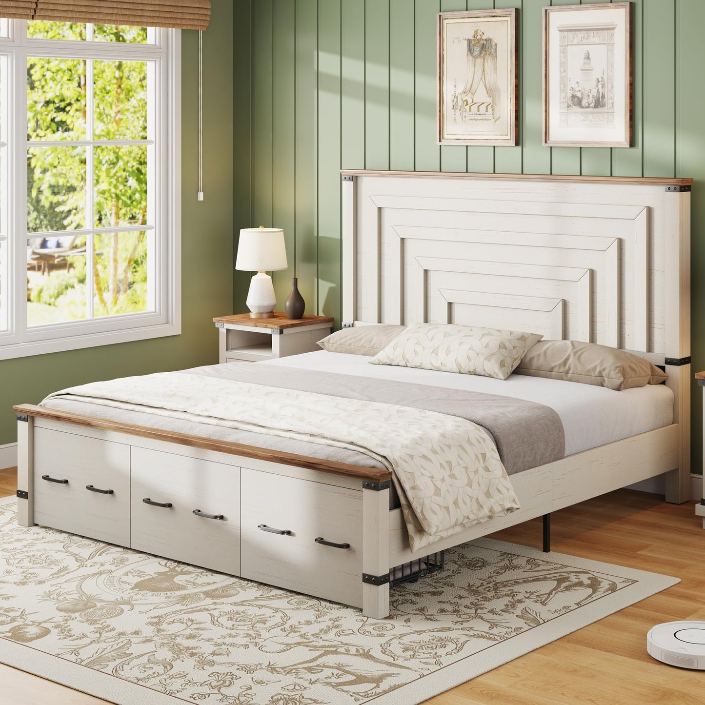 AMERLIFE 5-Piece Farmhouse Bedroom Set, Rustic Wood King Bed Frame with 51" Tall Headboard, 6-Drawer Dresser, 5-Drawer Tall Chest, Nightstands Set of 2 with Charging Station, White