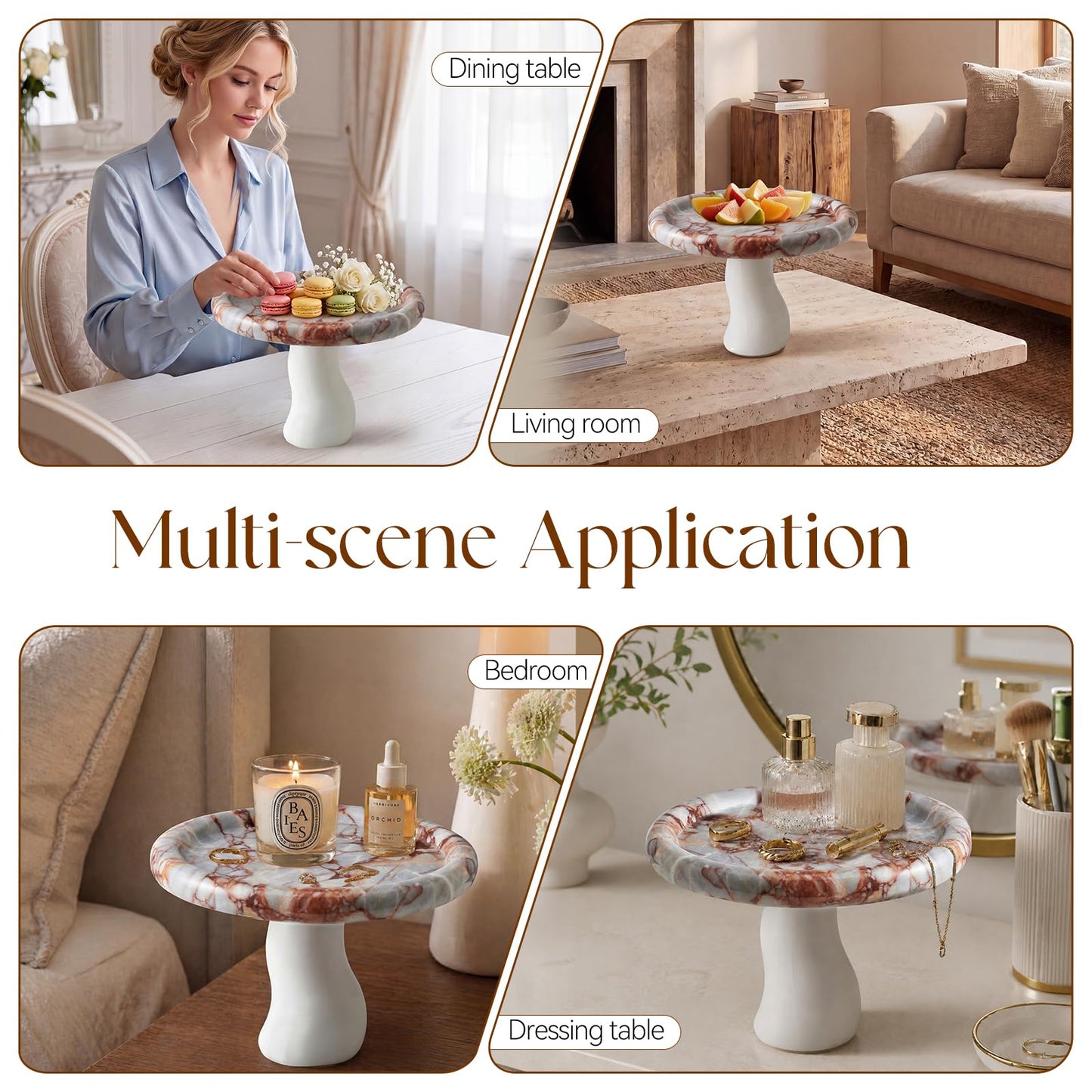 SAMAH Natural Marble Tray, Art Fruit Bowl for Kitchen Counter, Living Room, Vanity, Coffee Table Decor, Mushroom Jewelry Tray for Trinket, Perfume, Key, Housewarming Gifts New Home (Calacatta Red)