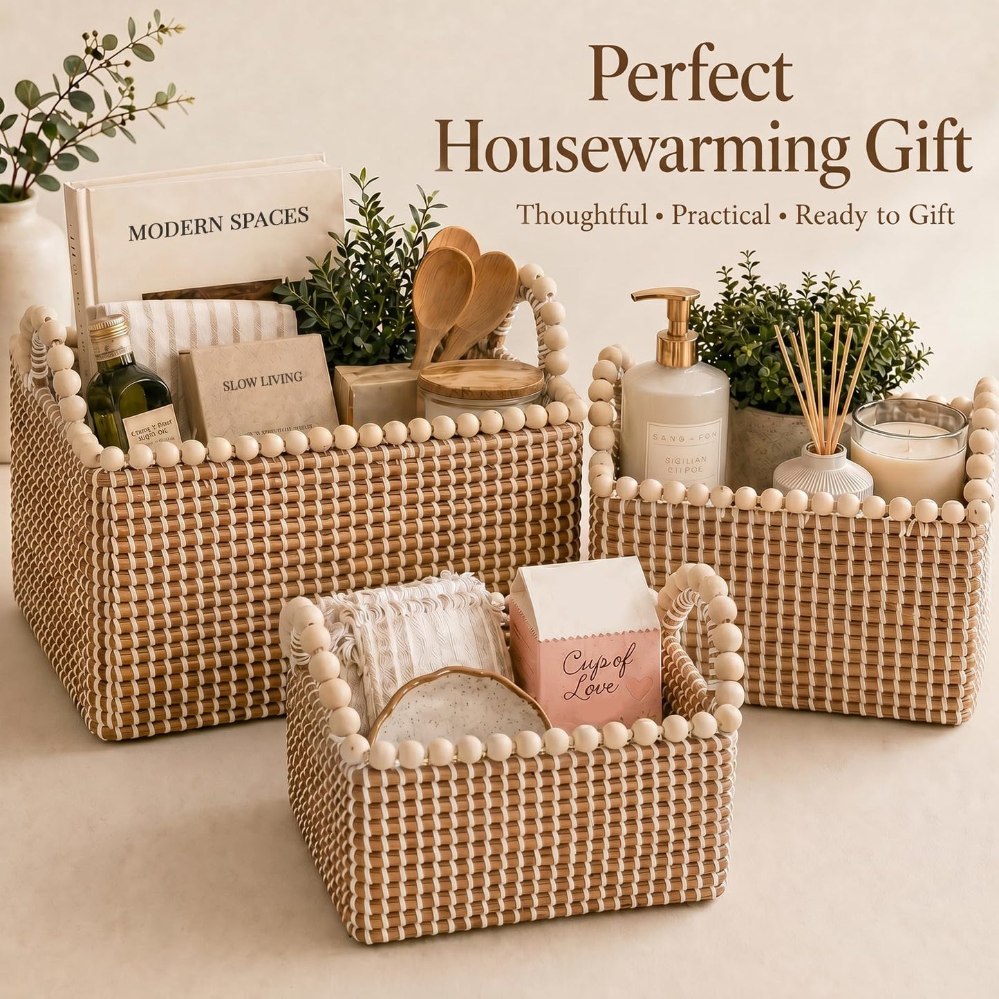 Handwoven Seagrass Shelf Baskets, Set of 3 Decorative Storage Bins with Bead-Accented Handles, Vietnamese Woven Baskets for Entryway, Bathroom, Bedroom, and Living Room
