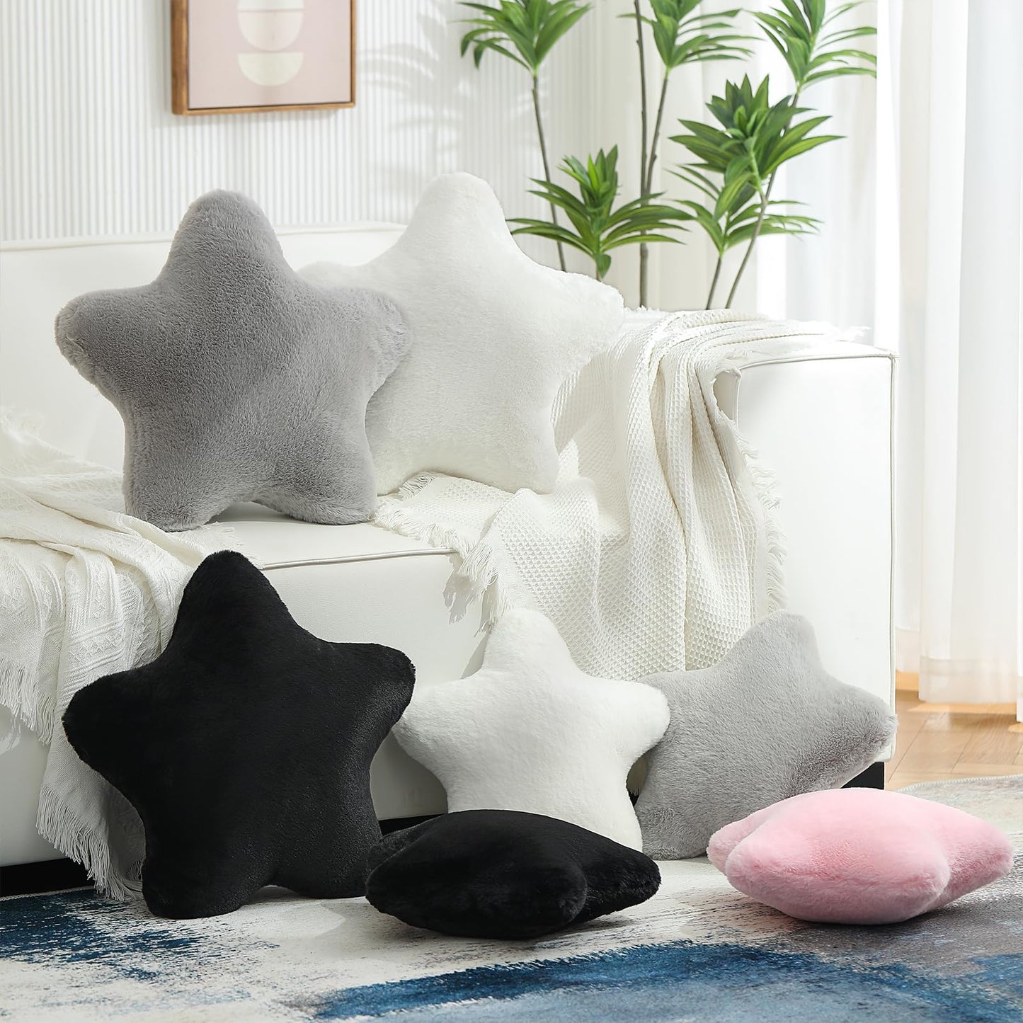 YRXRUS Star Pillows, Light Blue Star Shaped Pillow, Decorative Throw Pillow Gifts, Cute Plush Room Decor, Fluffy Faux Rabbit Fur 14"x14"Pillows for Living Bedroom