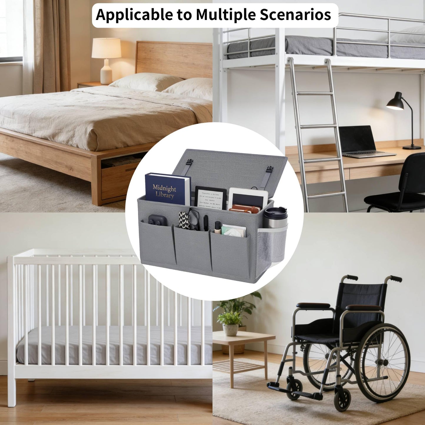 Pomodee Bedside Caddy 6 Pockets Bottle Holder Dorm Hospital Bunk Bed Storage Gray