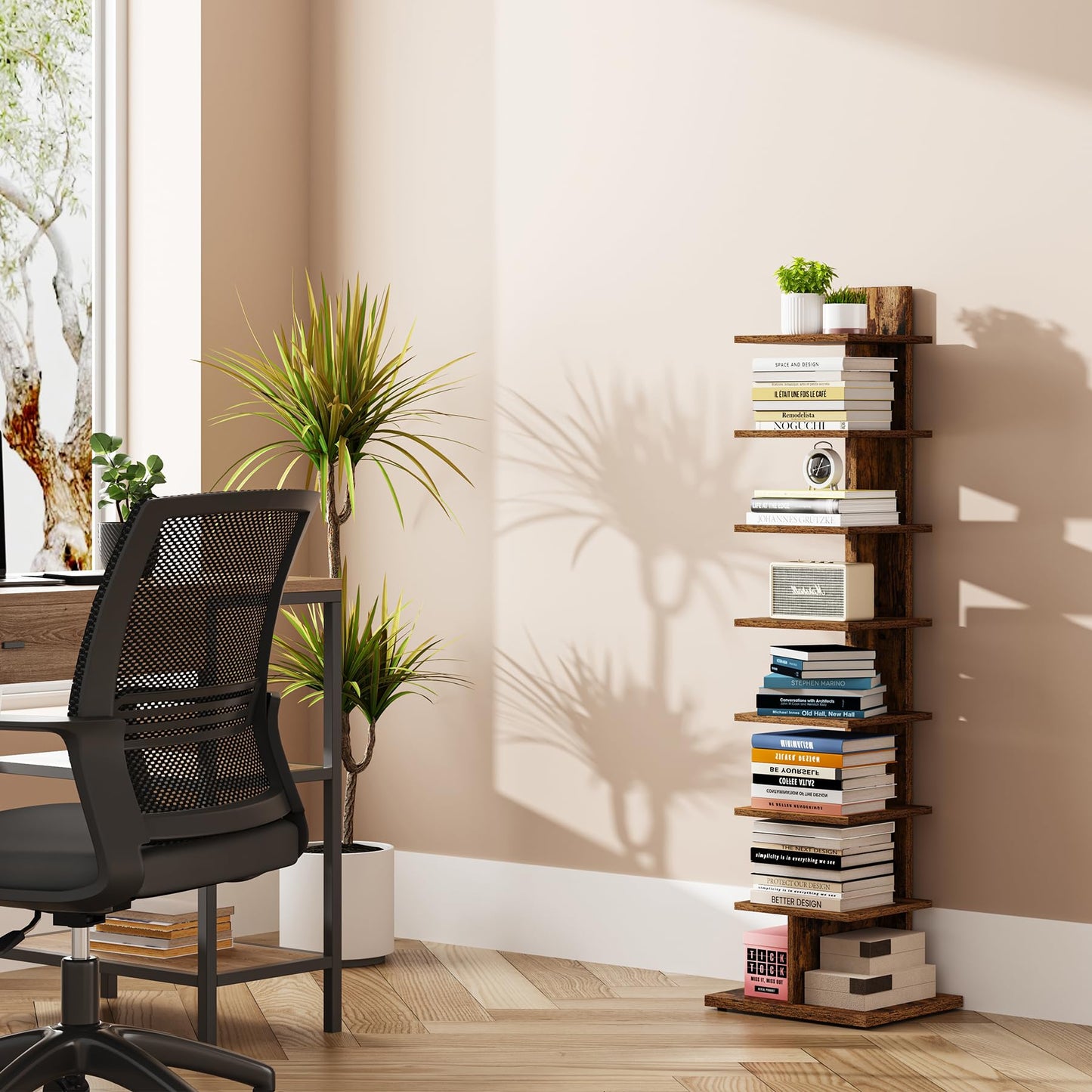TUTOTAK Narrow Bookshelf, 8-Tier Bookcase, Spine Book Shelf for Small Space, Corner Standing Shelf for Living Room, Office, Study, Entryway, Rustic Brown BS06BB008