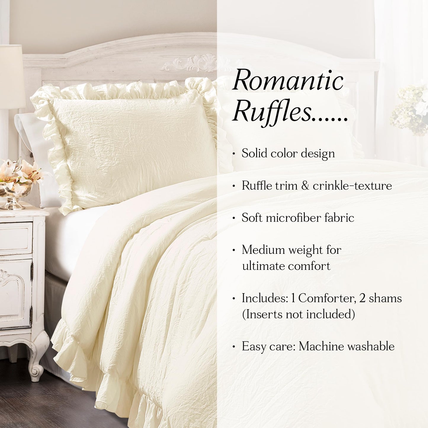 Lush Decor Reyna Ruffle Comforter Set - 3 Piece Cozy Ruffled Bedding Set - Timeless Elegance and Comfort for Dorm Room - Full/ Queen, Ivory