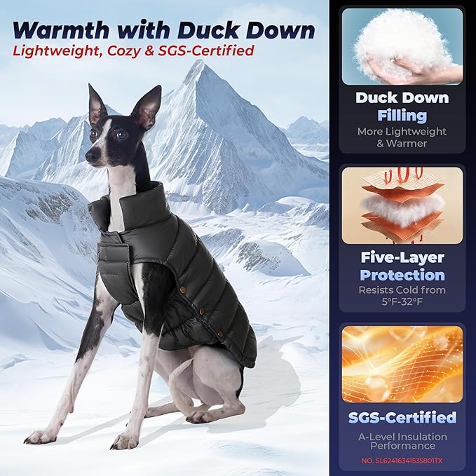 SPACE LION Dog Puffer Jacket, Down Winter Coat, Durable Outdoor Coat for Cold and Windy Conditions, Lightweight & Adjustable Fit Coats for Large Dogs,(Black, Size22/XL+)
