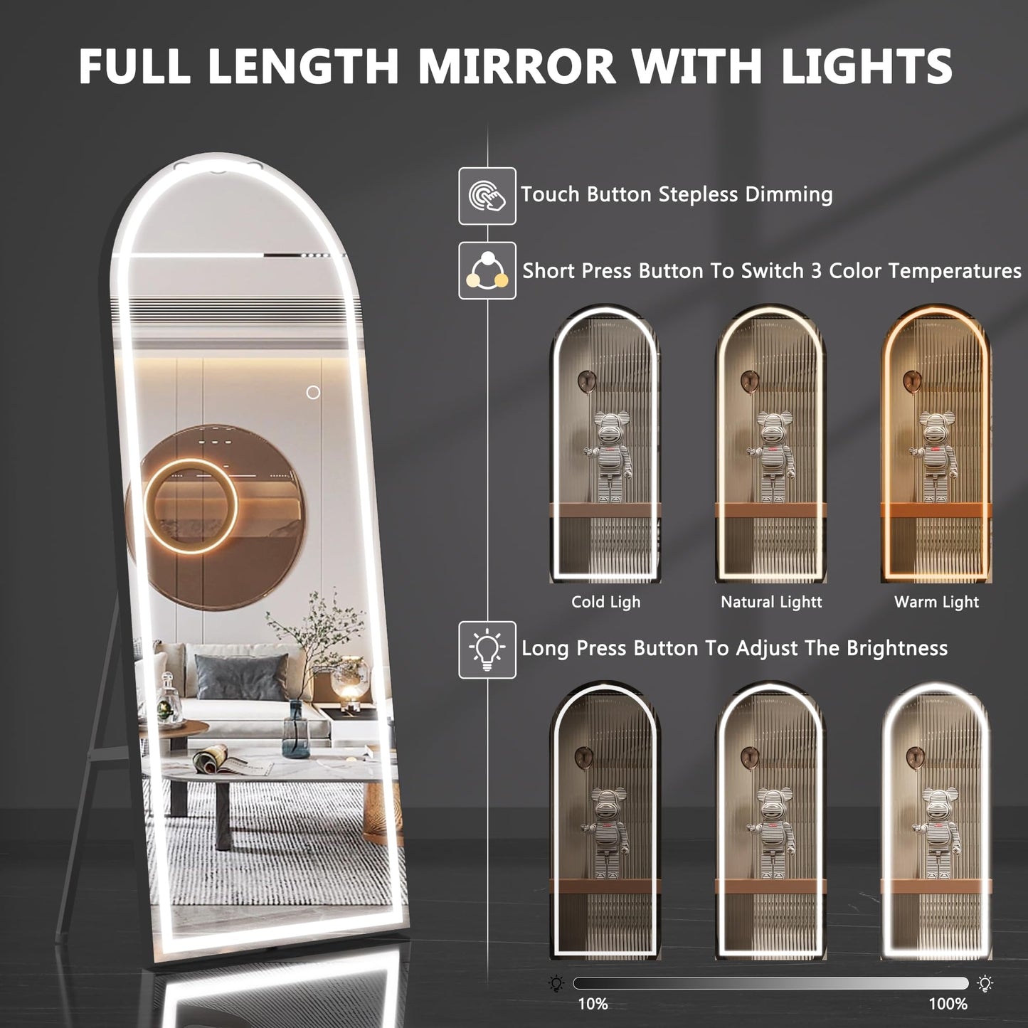 Hasipu 95" X 40" Full Length Mirror with Lights, Aluminum Frame Arch Led Mirror Full Length and 3 Colors Temperatures & Brightness Adjustable