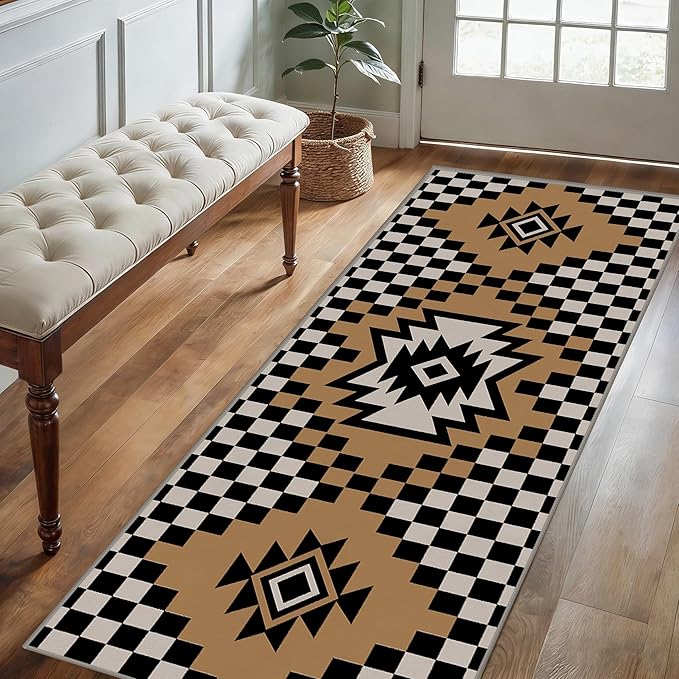 Western Aztec Long Hallway Rug Runners, 2x7ft, Modern Brown Diamond Check Area Carpet for Living Room, Easy Clean Fade Resistant Durable Foldable Pet Friendly Rugs for Front Door