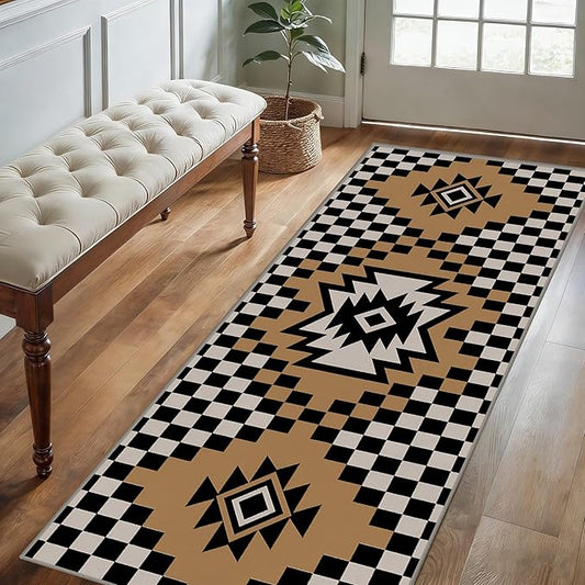 Western Aztec Long Hallway Rug Runners, 2x8ft, Modern Brown Diamond Check Area Carpet for Living Room, Easy Clean Fade Resistant Durable Foldable Pet Friendly Rugs for Front Door