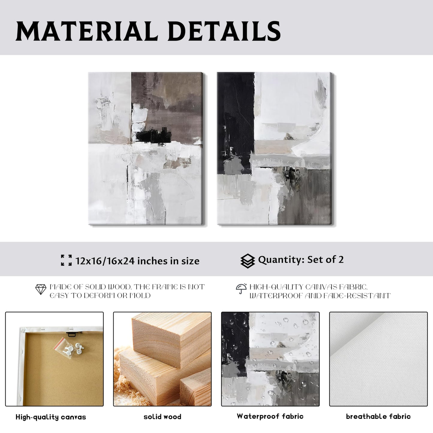 Framed Modern Abstract Wall Art Set of 2, Black White Neutral Minimalist Canvas Prints, Contemporary Industrial Artwork, Light Luxury Wall Decor for Living Room Bedroom Office, 16x24in