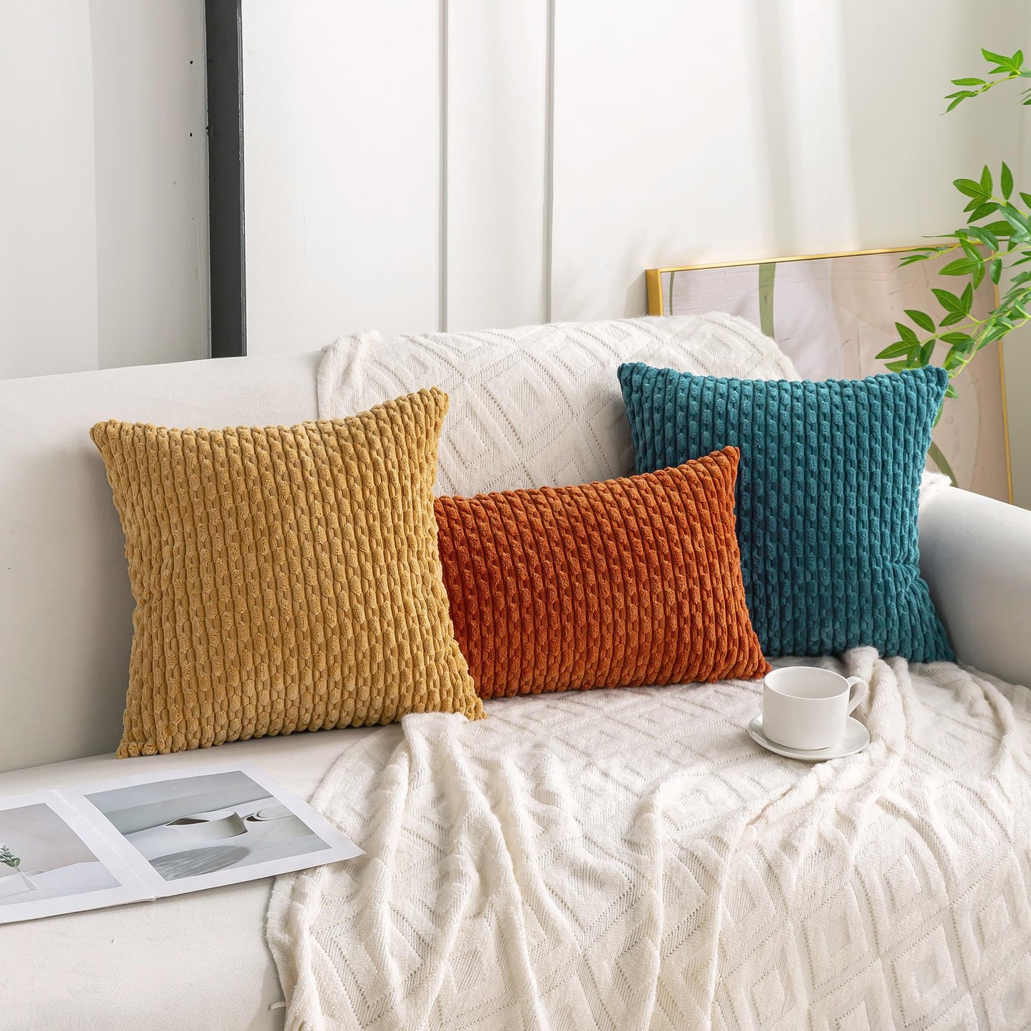 Cozoomy Set of 4 Teal Decorative Throw Pillow Covers 20x20 Inch Corduroy Pillow Covers for Bed Couch Sofa Living Room Soft Square Cushion Cases