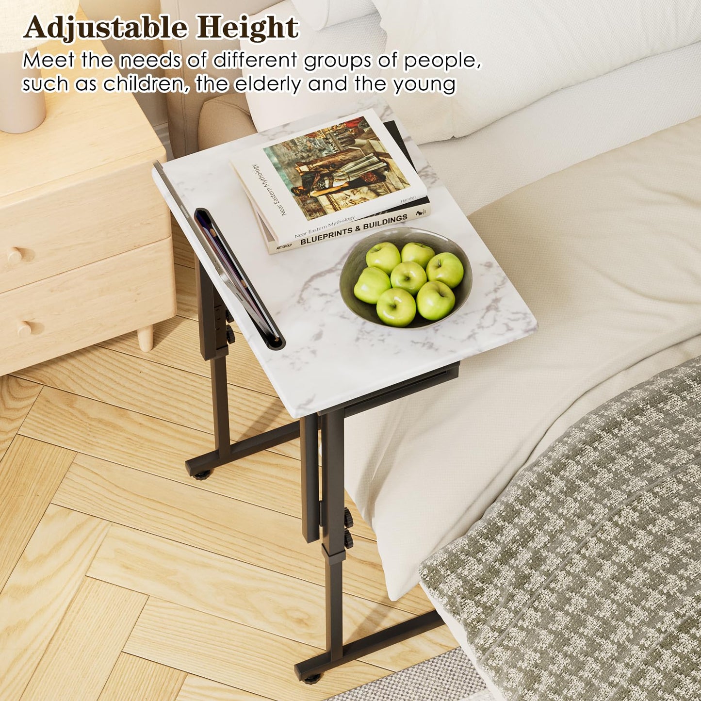 Fleecy day TV Tray, Folding TV Dinner Table, Adjustable Small C-Shaped End Tray for Eating, Foldable Slide Under Couch Side Table for Recliner, Living Room,No Assembly Required(White Marble,2Pcs)