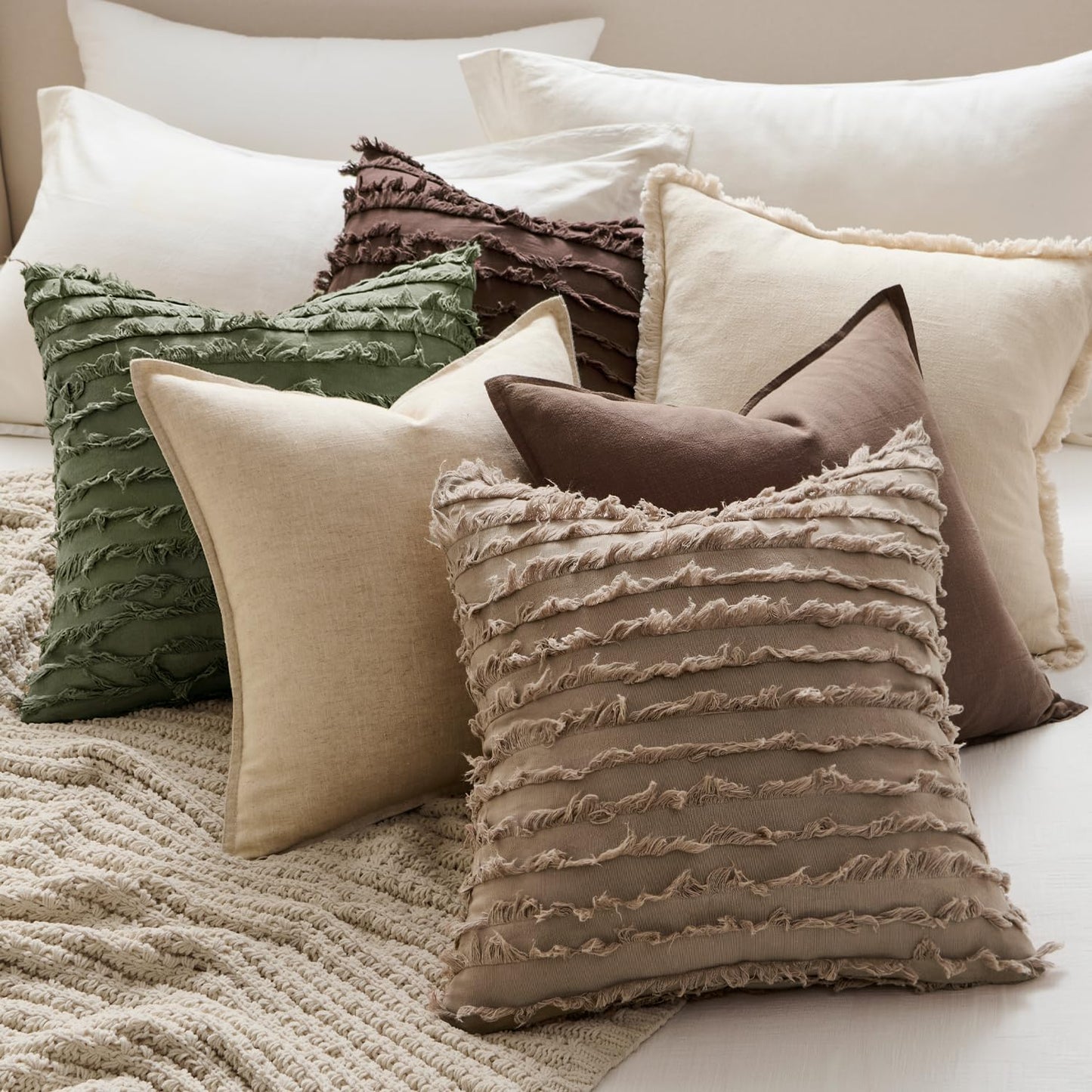 MIULEE Decorative Boho Throw Pillow Covers Set of 2 Dark Brown Chocolate Modern Linen Striped Jacquard Pattern Farmhouse Neutral Cushion Covers for Sofa Couch Living Room Bedroom 20x20 Inch Home Decor
