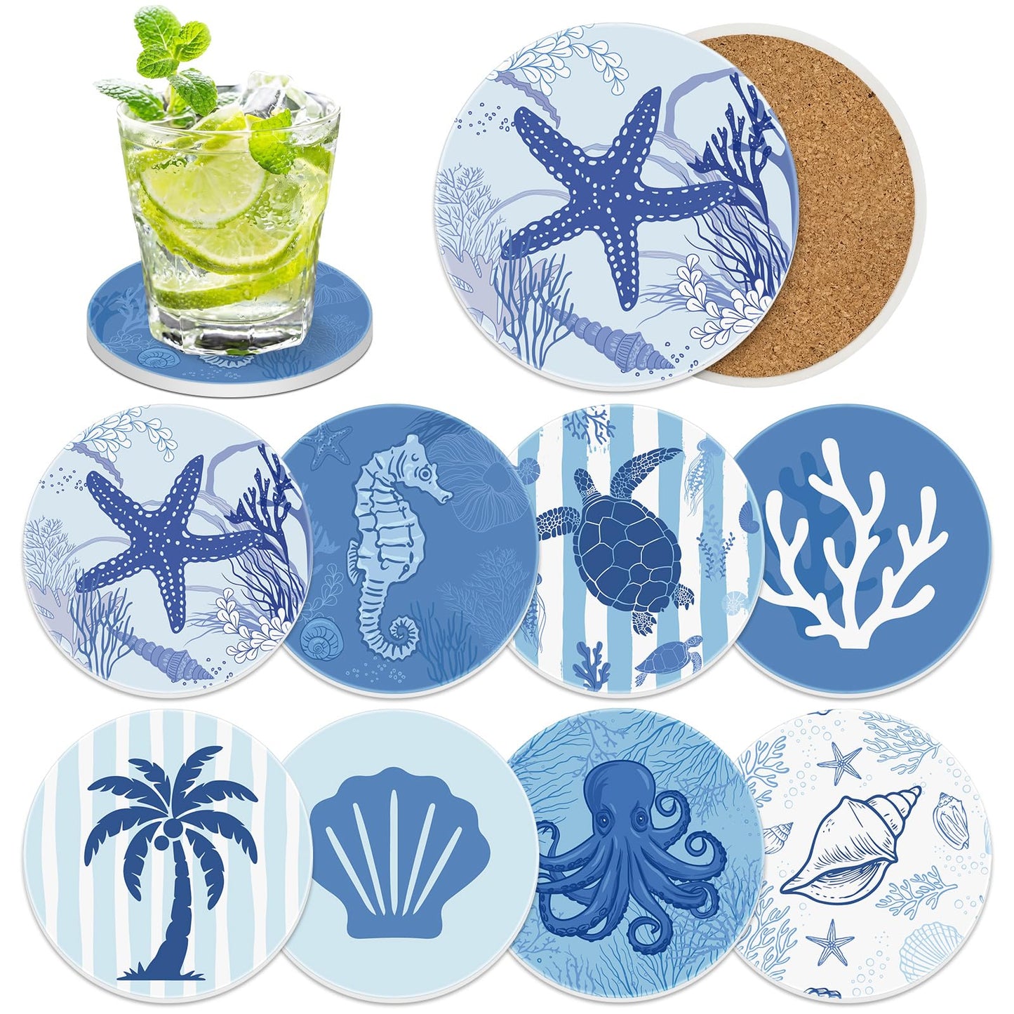 Remerry Coastal Coasters for Drinks Set of 8 Ceramic Stone Round Absorbent Coasters with Cork Base Beach Starfish Sea Ocean Life Decorations for Table Coffee Kitchen Bar Housewarming Gifts 4 Inches