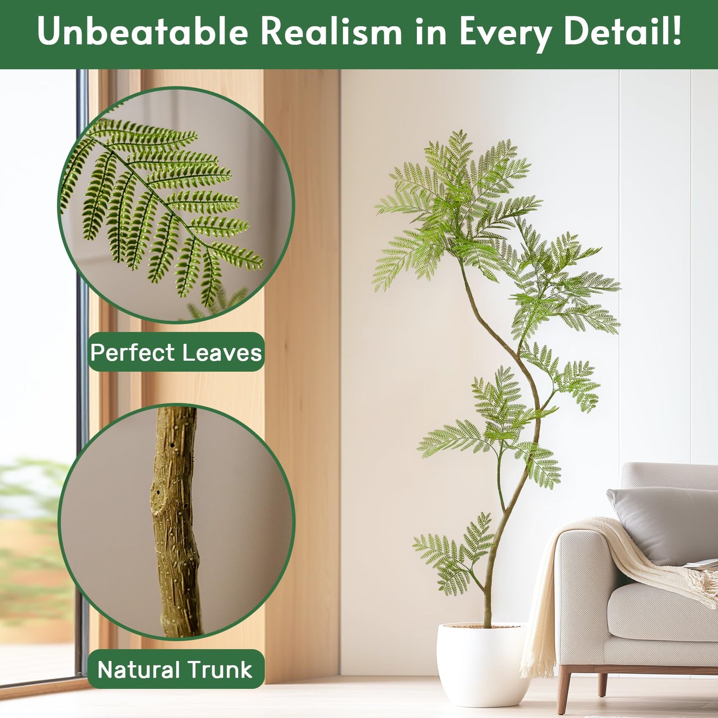 Bailikang 6.6FT Artificial Tree Fake Jacaranda Tree,Faux Tall Tree Lifelike Green Leaves Large Plants Indoor Fake Trees for Home Decor