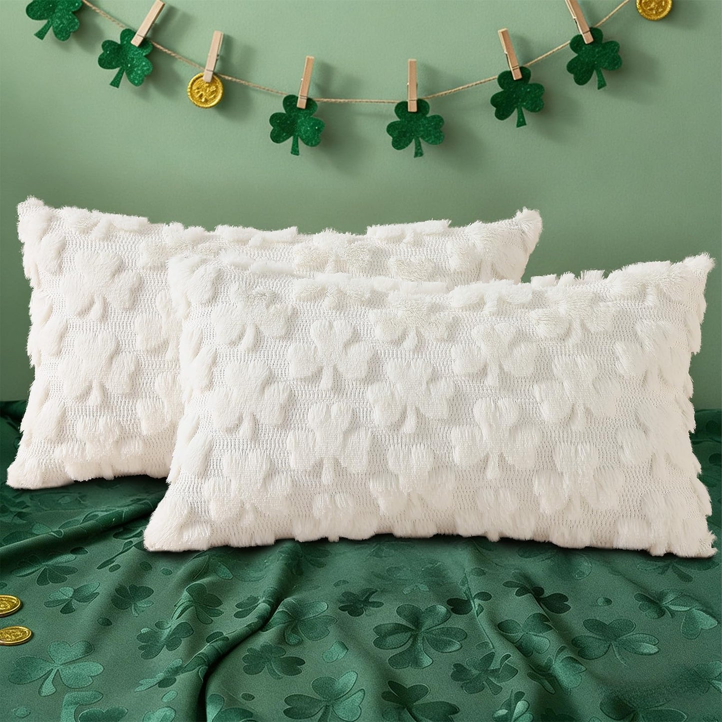 decorUhome St. Patrick’s Day Shamrock Pillow Covers 12x20 Inch Set of 2, Soft Plush Faux Wool Cream White Throw Pillow Covers, Farmhouse Spring Holiday Decor for Sofa Living Room