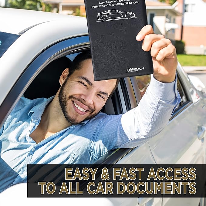 Andalus Auto Registration & Insurance Card Holder Pack of 2, Waterproof Essential Car Registration Holder with Hook & Velcro Closure, Perfect for Every Vehicles Glove Boxes (Black - 9.5" x 5.15")
