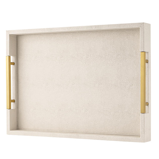 Beige Faux Leather Serving Tray with Handles – Large Decorative Tray for Coffee Table, Ottoman, Living Room, Bathroom – Home Decor