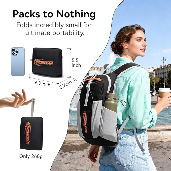 CROSSGEAR 16L RFID Hiking Backpack, Lightweight Foldable Packable Backpack, Small Travel Hiking Daypack for Women Men Black