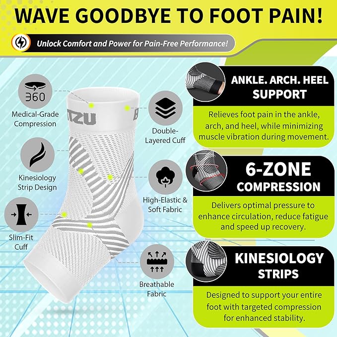 BLITZU Compression Socks for Plantar Fasciitis, Achilles Tendonitis, Arthritis Relief, Ankle Brace Compression Sleeve with Foot Arch Support, Ankle Wrap for Women, Men, Swelling & Heel Pain White S-M