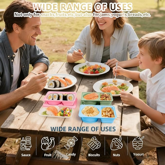 Dobyusf 8-Pack Collapsible Silicone Snack Containers - Round & Square Shape with Utensil Holder, BPA-Free Foldable Food/Sauce Storage for On-the-Go, Microwave & Dishwasher Safe