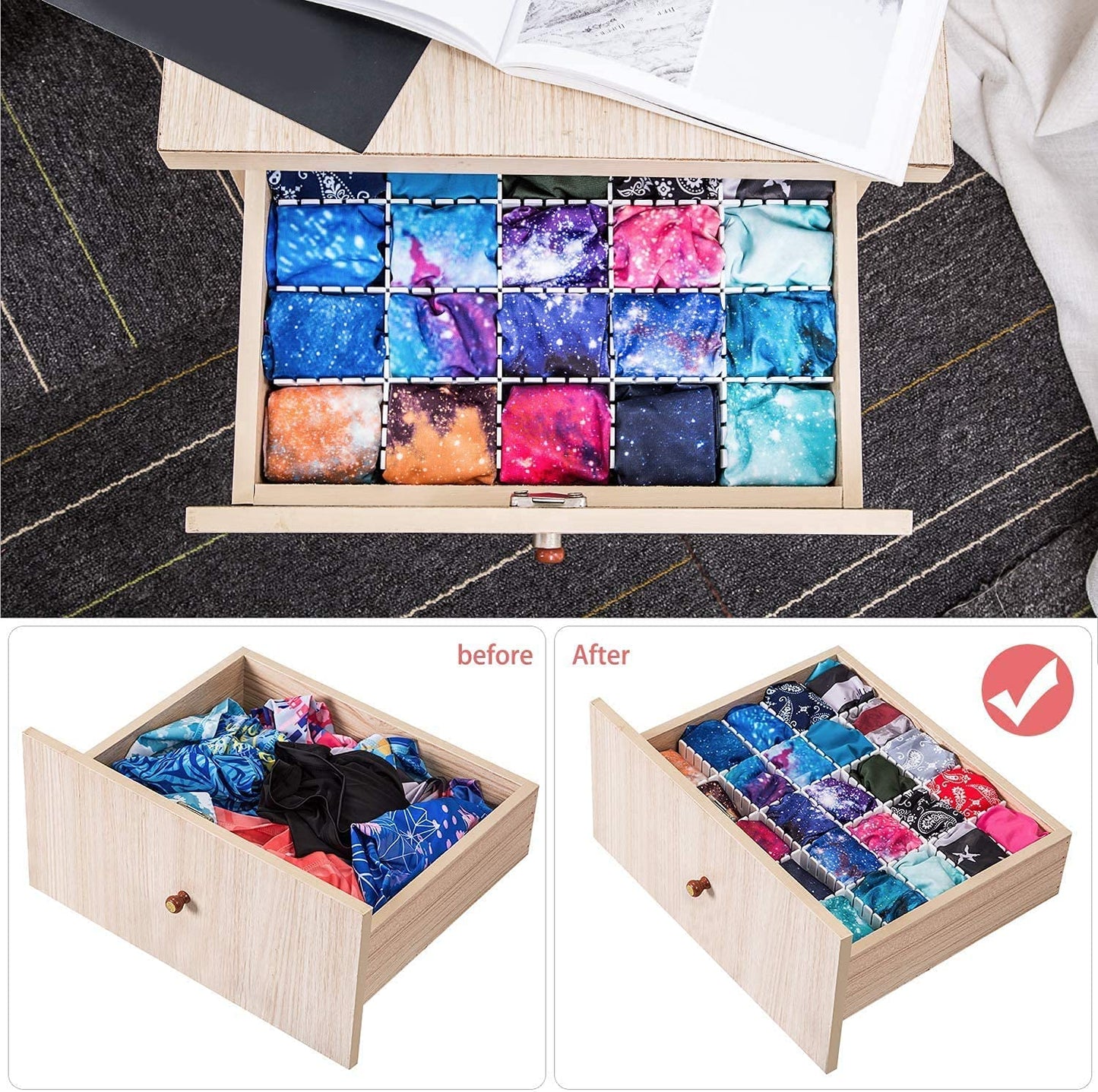 Flytianmy 40Pcs Drawer Dividers, Adjustable Drawer Organizer for Socks, Underwear, Makeup, Can Help Tidy Kitchen, Bedroom, Dresser Black