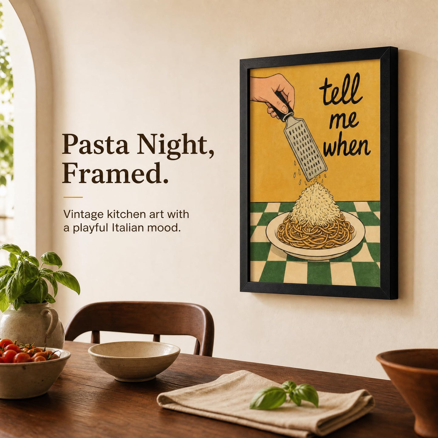 Framed Pasta Kitchen Wall Art Funny Food Inspired Kitchen Wall Decor Cheesy Pasta Lovers Painting Picture Spaghetti Canvas Prints Quirky Food Poster Artwork for Dining Room Home Decor