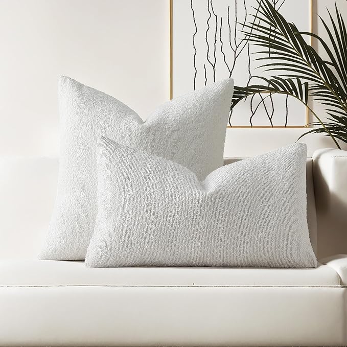 HAUSSY Christmas White Set of 2 20x20 Decorative Throw Pillow Covers, Soft Cozy Textured Boucle Couch Cases, Home Decor for Couch Bed Living Room