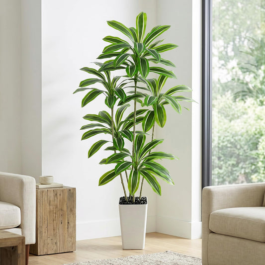 Artificial Yellow Dracaena Tree, 6FT Artificial Plants Indoor with White Tall Planter, Faux Yucca Silk Tree Fake Tropical Floor Plant in Pot, Fake Plants for Home Room Office Entryway Porch Decor