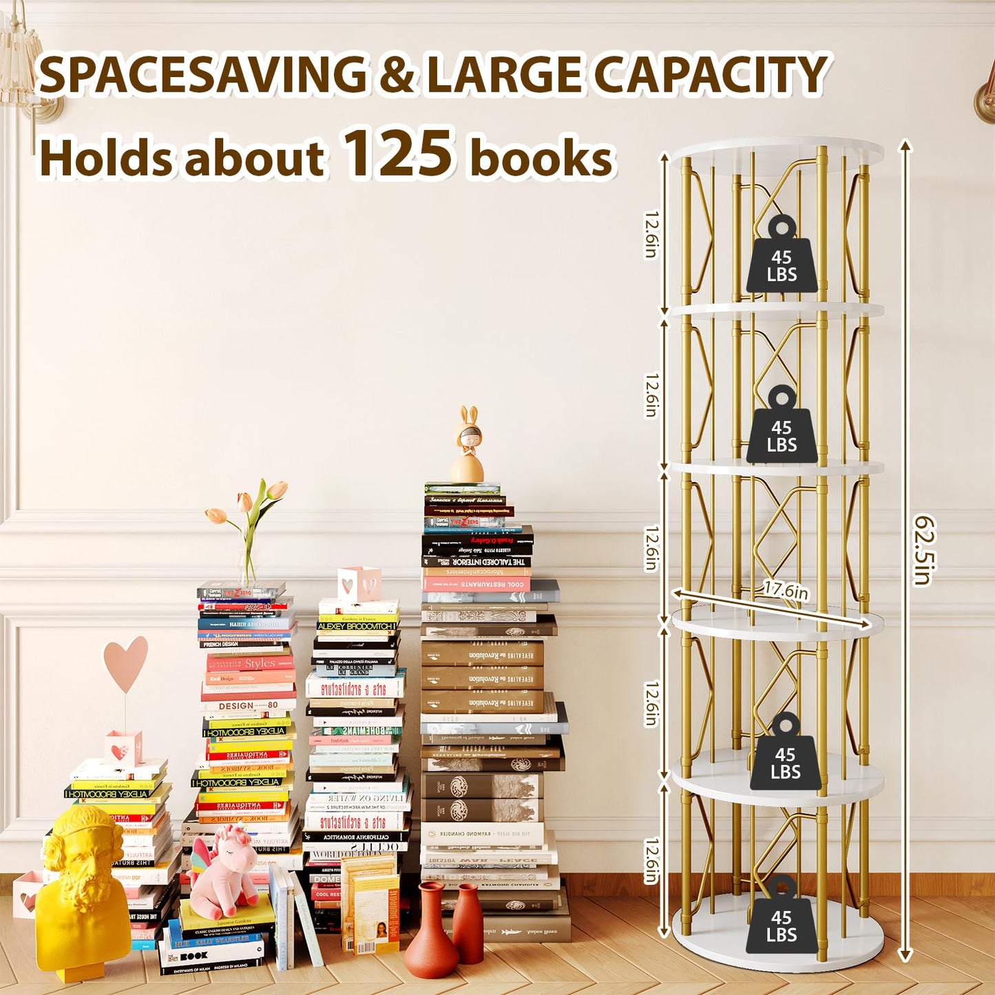 5 Tier Rotating Bookshelf Tower, Revolving Bookcase, 360° Round Spinning Book Shelf, Narrow Swivel Bookshelves Vertical Turning Corner Bookshelf Organizer for Bedroom, Living Room, Gold & White